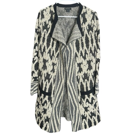 Lucky Brand Womens Black Beige Gray Open Front Geomstric Cardigan Sweater Size M - Picture 1 of 13